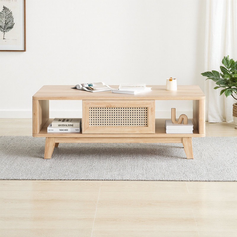 Table basse de rangement Mid-Century avec tiroir en rotin, Naturel