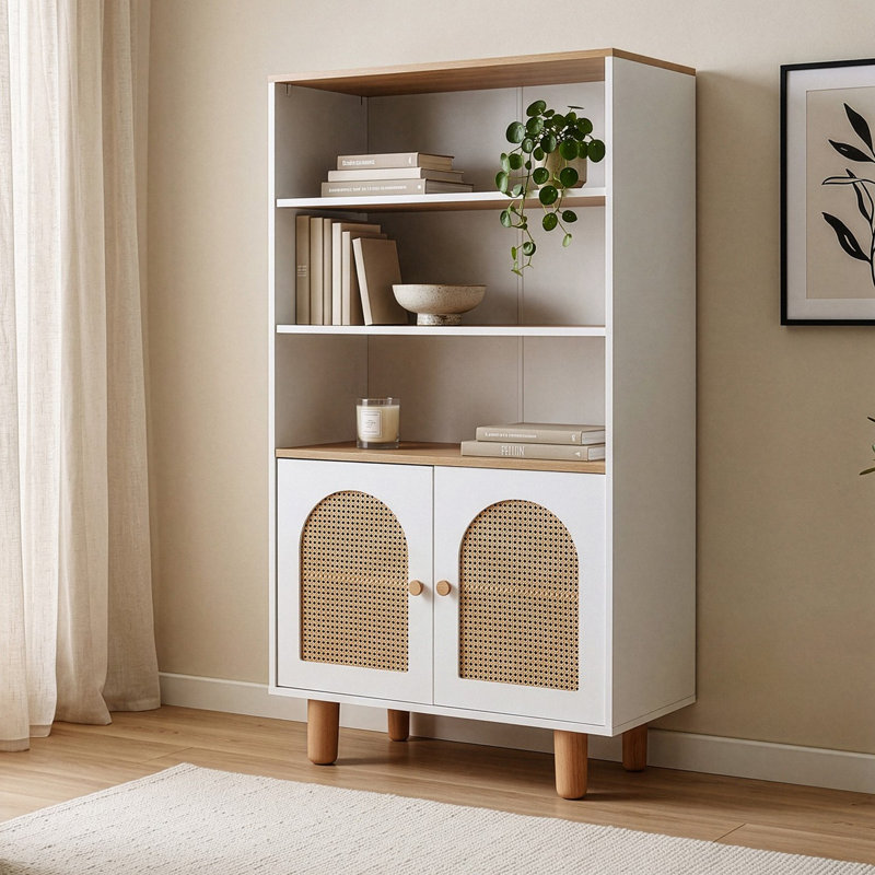 Scandinavian Style Bookshelf with Soft-Close Doors, White & Oak Finish, 35.4 x 62.2 x 16.1 inches | 100% MDF Construction, Hornbeam Wood Legs & Handles | Numerous Shelves, Wall-Mountable Design for Modern Spaces