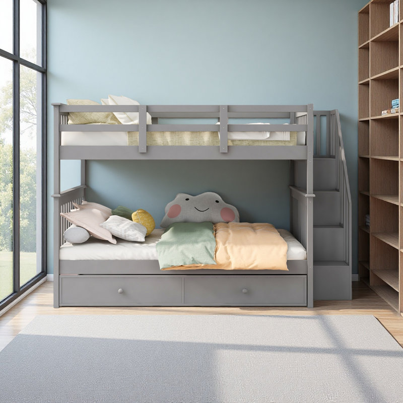 Full-Over-Full Bunk Bed With Twin Size Trundle, Storage And Guard Rail For Bedroom, Grey