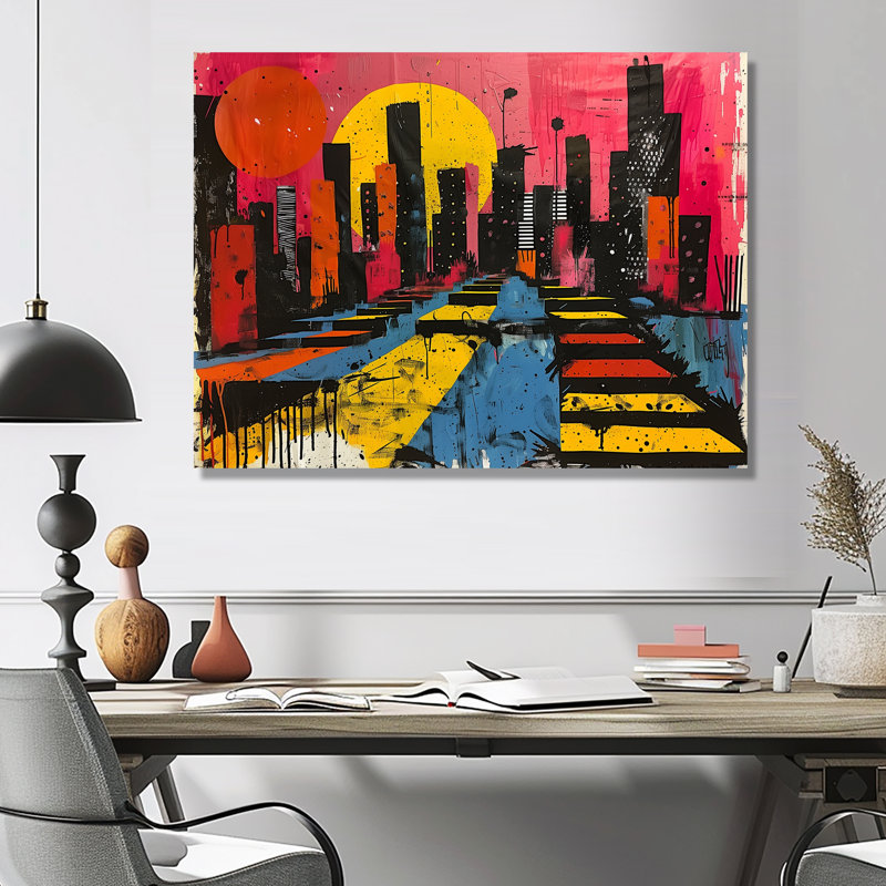 Impression d'art mural orange, rose, paysage urbain II - gratte-ciel, Métal métal, H 24 po x l 32 po