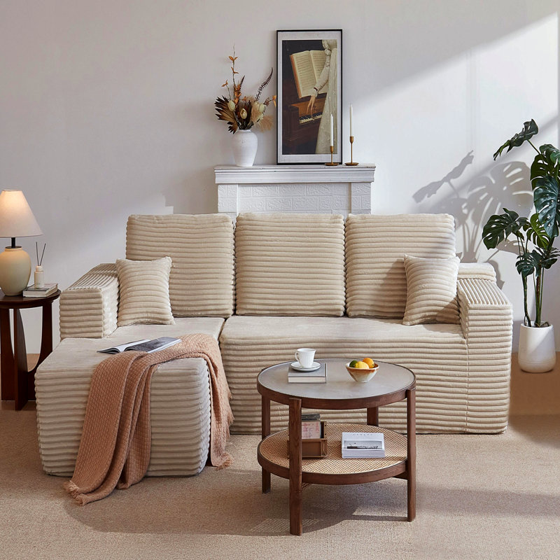 Canapé modulaire 104 po avec méridienne en forme de L, canapé modulaire moderne avec assise profonde, avec poches latérales, sièges rembourrés pour la chambre à coucher, pas d'assemblage requis, beige