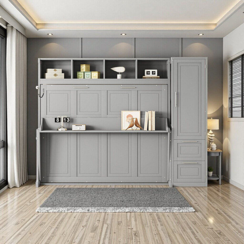 Grand lit escamotable blanc avec placard et tiroirs - Solution de rangement peu encombrante, Gris