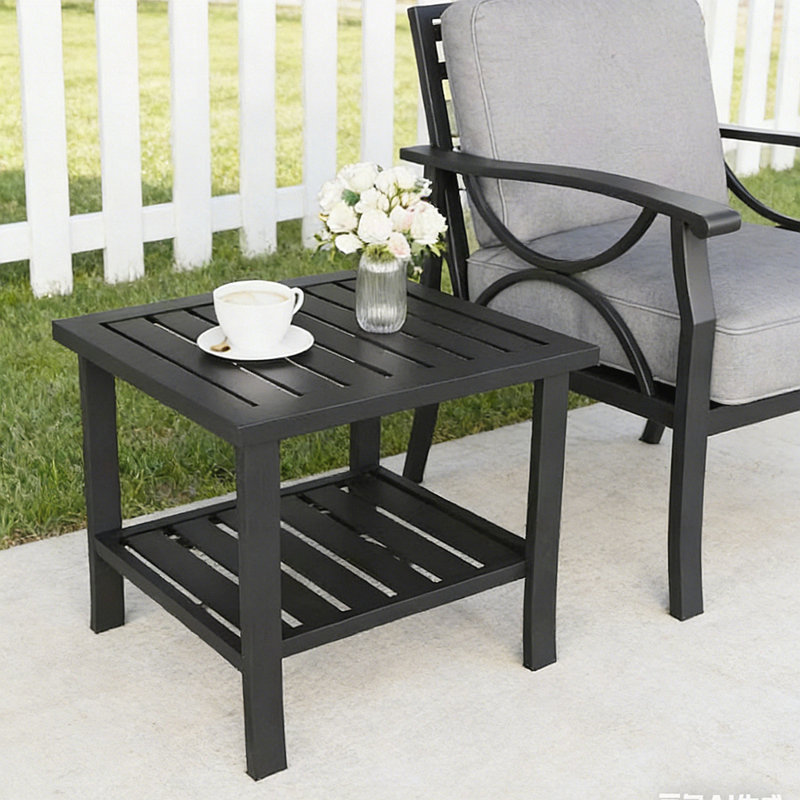 19 Inch Square Metal Outdoor Side Table with 2-Tier All-Weather Design, for Patio and Balcony Use, Black
