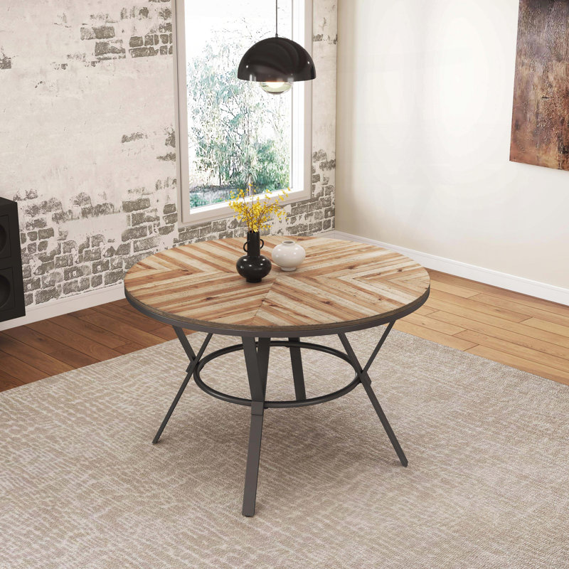 Table de salle à manger ronde avec pieds en tréteaux en métal noir