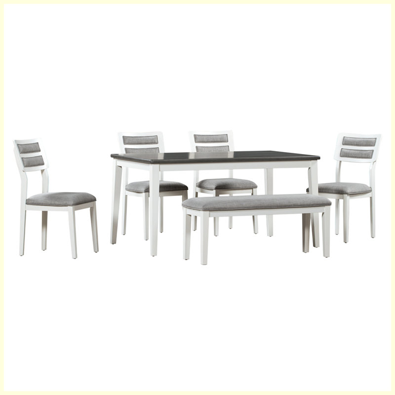 Ensemble de salle à manger 6 pièces de style classique et traditionnel avec 4 chaises rembourrées et un banc, Gris, Gris