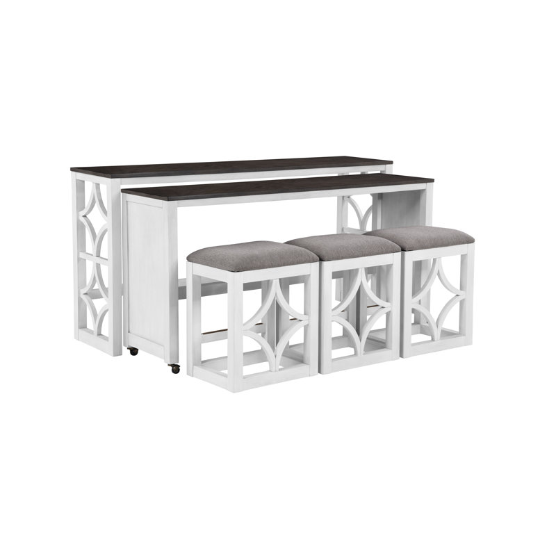 Rabeeah 72" Long Rolling Console & 3-Stool Set, White