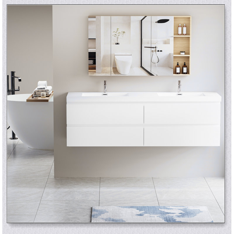 Meuble-lavabo flottant avec lavabo, meuble-lavabo mural moderne avec deux lavabos en quartz et quatre tiroirs à fermeture en douceur, 24V12-72GR