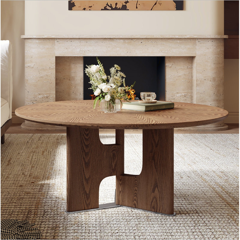 Table basse 31,5 pouces ronde en placage de bois de frêne rustique pour petit salon, peu encombrante et élégante