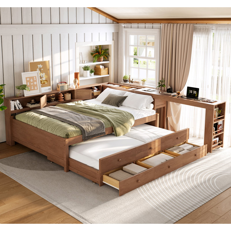 Lit de jour double avec couchette, structure de lit de jour en bois avec tiroirs de rangement, tablettes latérales et bureau, brun rétro