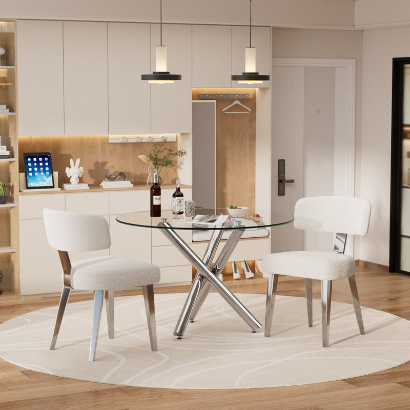 Modern Round Tempered Glass Dining Table Set With Bouclé Chairs, 3/5 Piece Contemporary Kitchen Table And Chairs, Small Space Dining Set With Metal Base, White