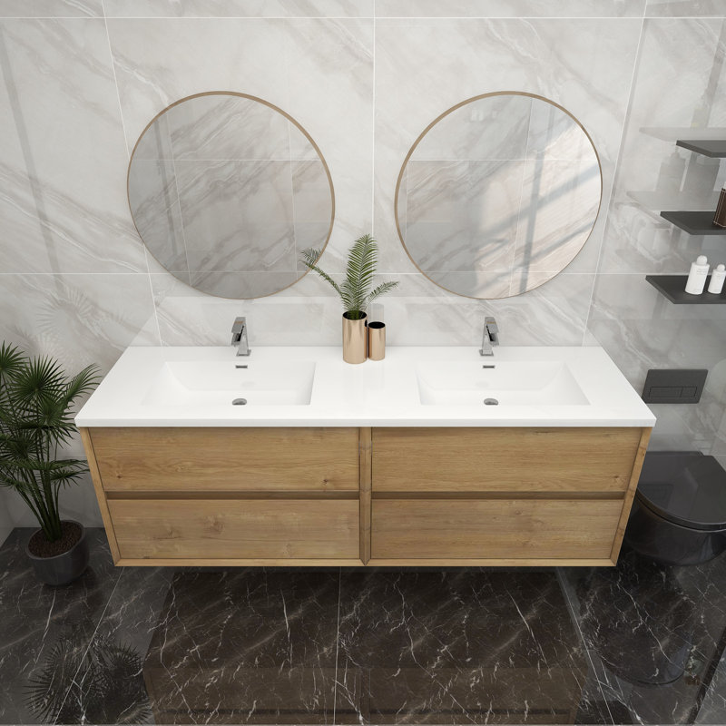 Meuble-lavabo double 72 po, Teck chêne