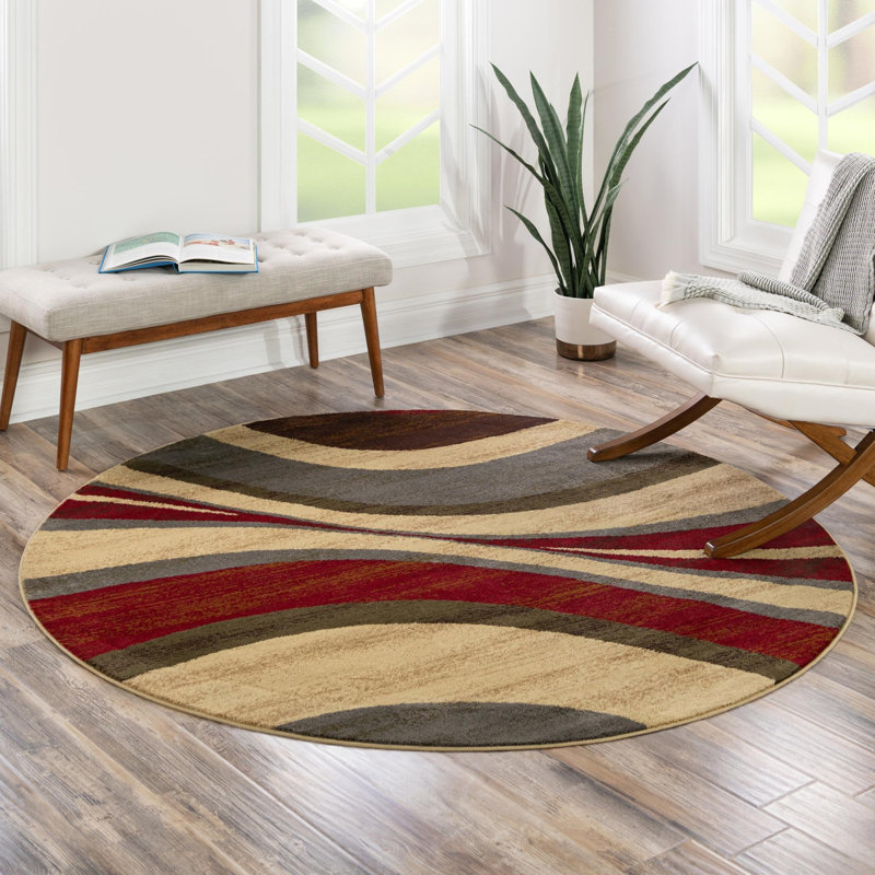 Tapis contemporain Samiyah de couleur beige tourbillonnant, Rond 6 pi