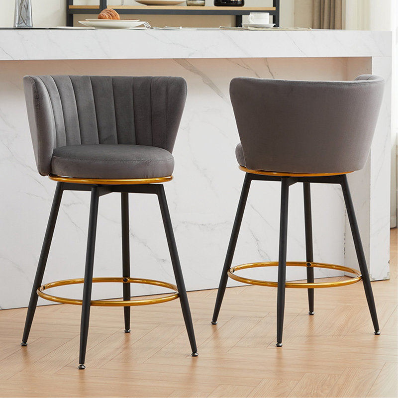 Ensemble de 2 tabourets de bar à hauteur de comptoir, tabourets de bar pivotants à 360 ° avec dossier et pieds, hauteur de siège de 26 po, tissu en velours, repose-pieds