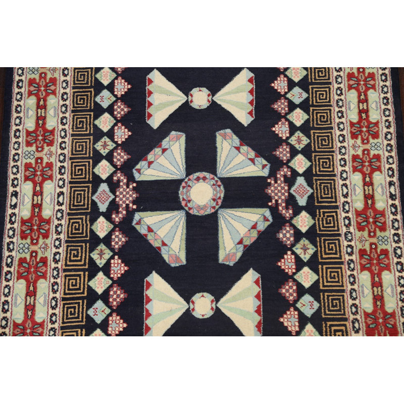 Tapis bleu marine noué à la main de conception unique 4 pi 0 po x 6 pi 1 po