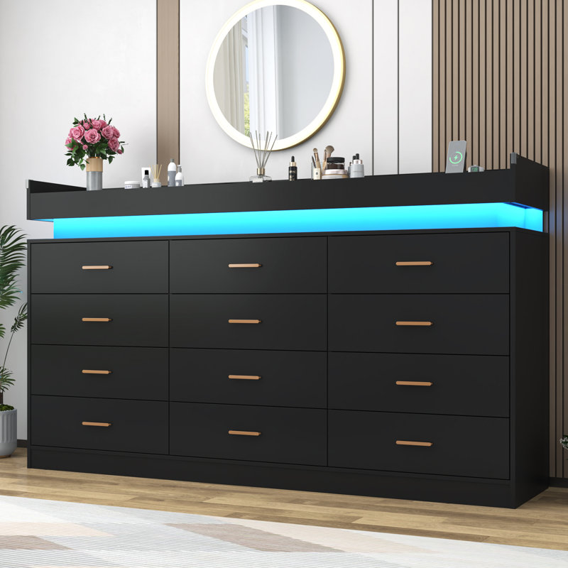 12 Drawer 70.08" W Dresser With Charging Station And LED Light Strip, Black