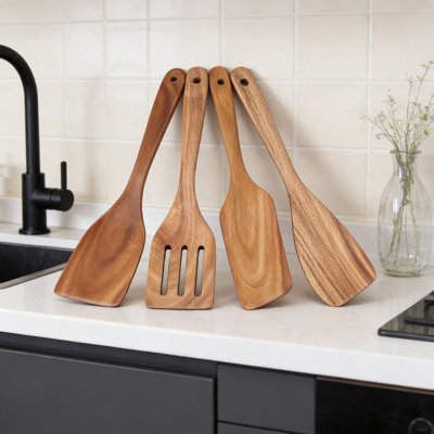 Professional Teak Wood Spatula Set - 4 Piece Non-Toxic Kitchen Utensils For Non-Stick & Cast Iron Cookware, Slotted Turner, Scraper & Flat Spatulas