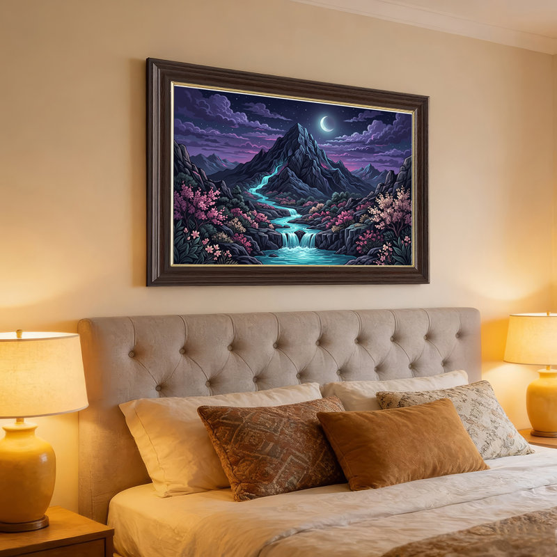 Croissant de lune, cascade de montagne mauve avec arbres roses, art mural sur toile, 12"H x 18"W