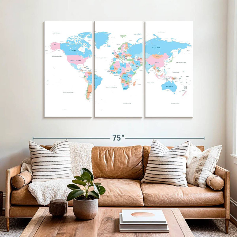 Carte du monde des pays pastel, H 42 po x l 65 po