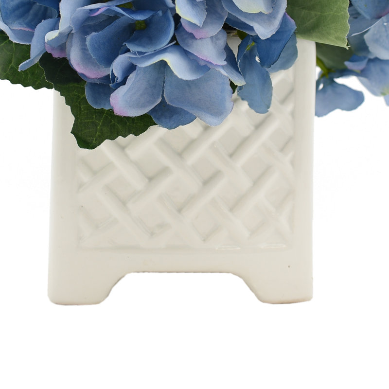 Mixed Hydrangeas In White Woven Planter, Blue