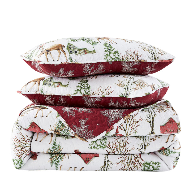 White and Red Reversible Christmas Twin Microfiber Quilt Set