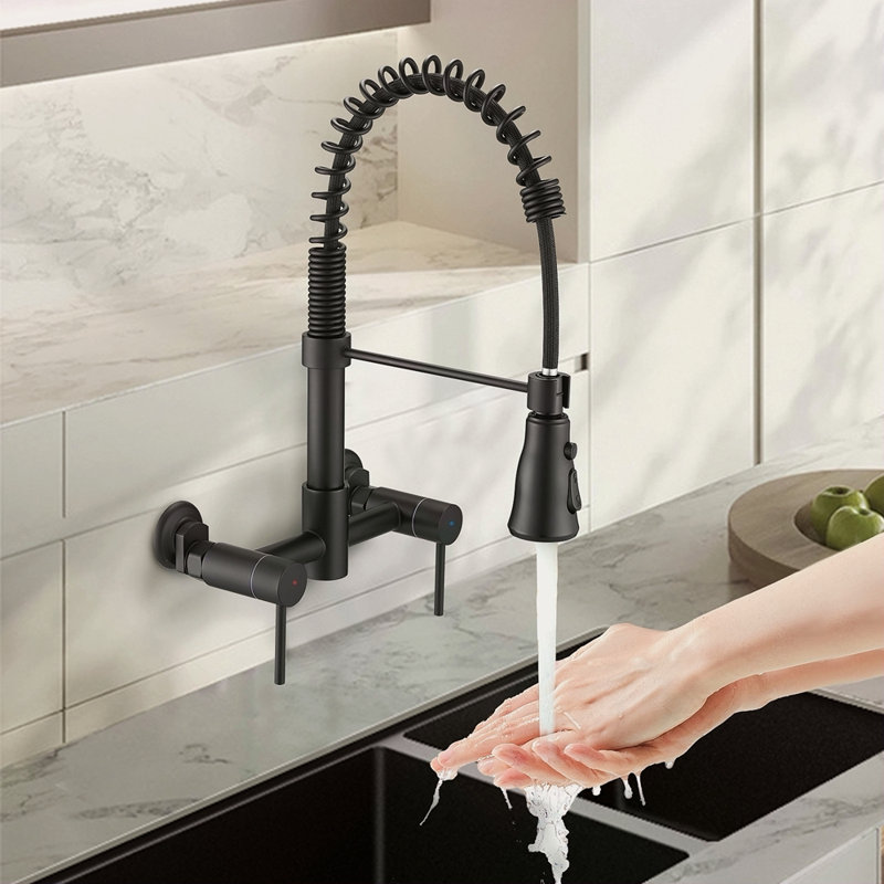 3 Functions Wall Mounted Bridge Kitchen Faucet, Matte Black