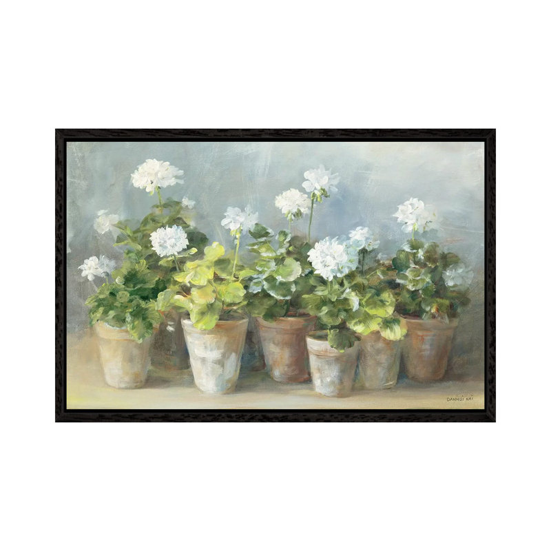 White Geraniums by Danhui Nai - Painting on Canvas, 66.04 cm H x 45.72 cm W, Black Floater Framed