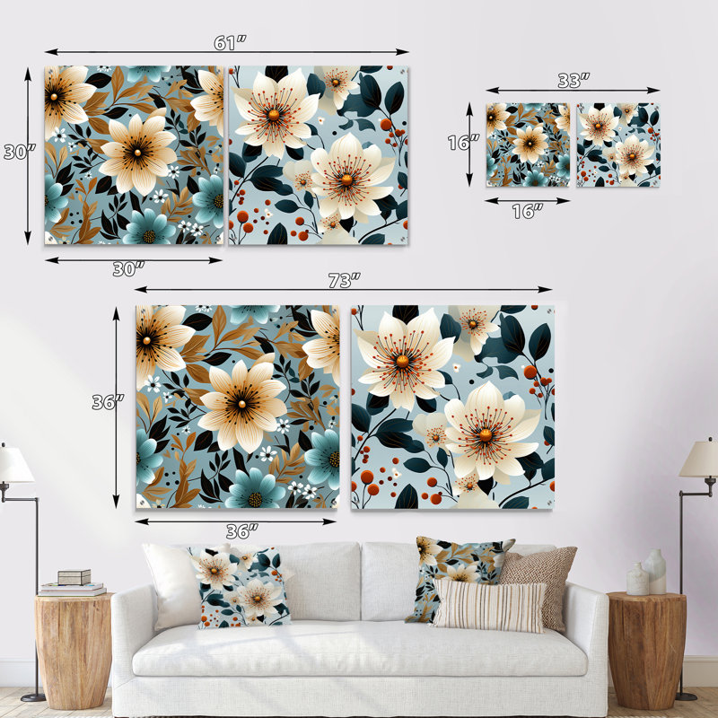 Ivoire et turquoise - Élégance côtière à motif floral, H 16 po x l 33 po