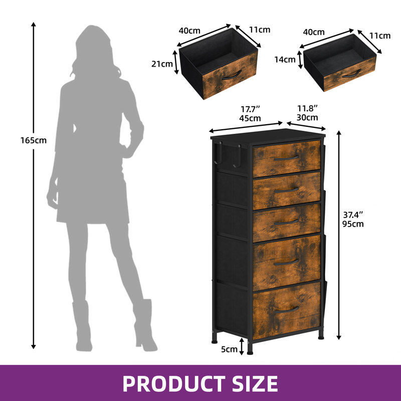 5-Drawer  Chest Of Drawers 45Cm W Bedroom Drawers, Rustic Brown/Black