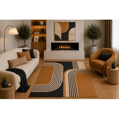 Tapis à motif géométrique moderne à rayures abstraites de 5 pi x 7 pi «Ultra Léger» noir camel beige à rayures incurvées pour le bureau de la chambre à coucher
