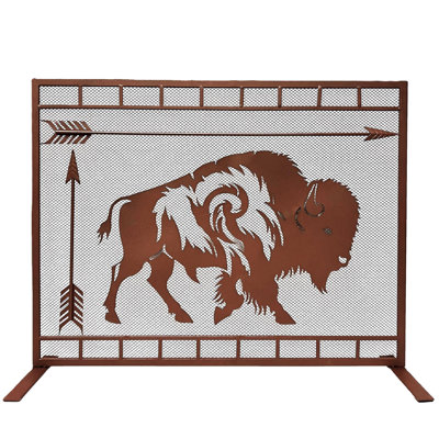 Metal Western Fireplace Screen Single Panel with American Bison Design