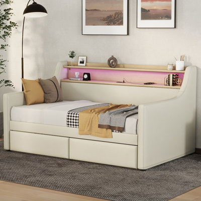 Twin Size Daybed with Storage Drawers, Upholstered Daybed with Charging Station and LED Lights