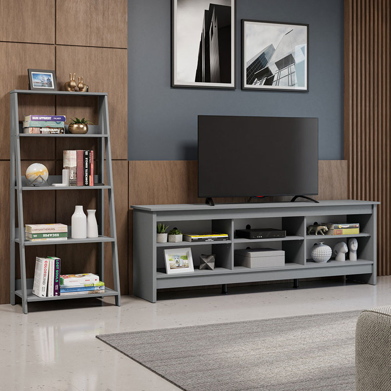 Sabeeha 6 Shelves TV Stand up to 75" + Ladder Shelf Standing Bookcase, Gray