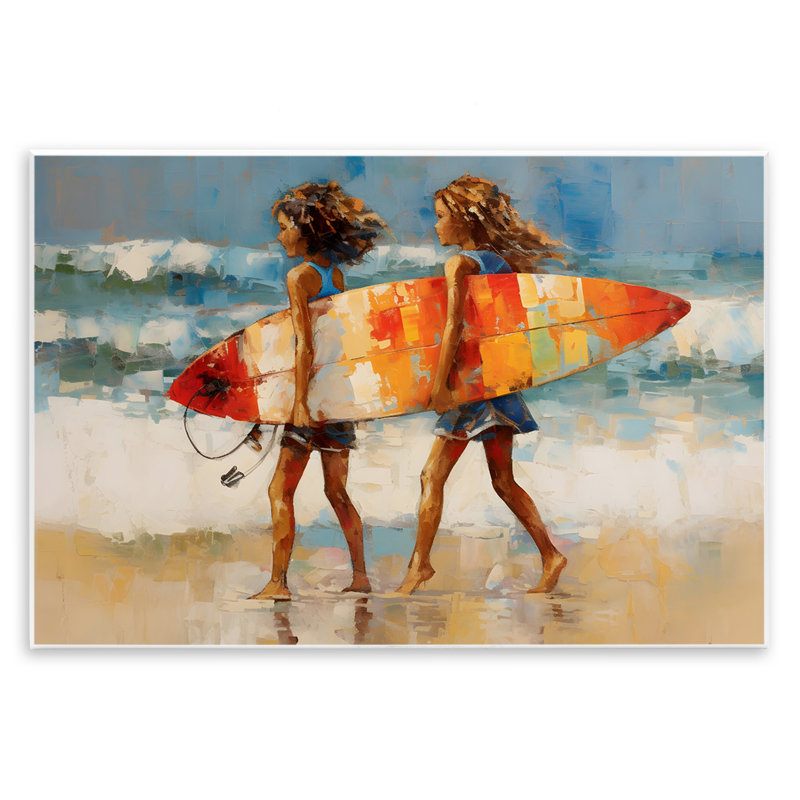 «Surfboard Kids Friends», art mural sur bois par Petal Prints Design, H 13 po x l 19 po