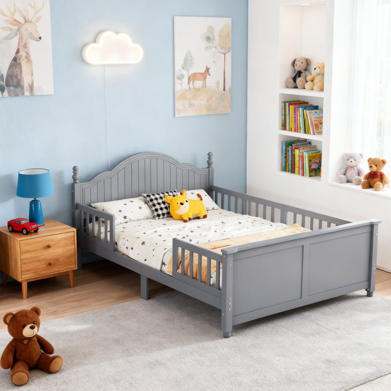 Lit plateforme pour tout-petits en bois avec tête de lit et pied de lit, gris, Gris, Lit double