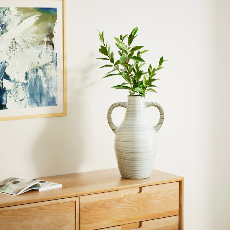 Ceramic Dual Handle Table Vase as Home & Office Decor, No Leakage, Braided Pattern