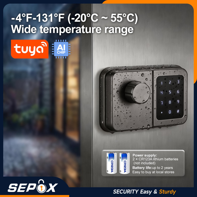 Serrure intelligente SEPOX, serrure de porte extérieure pour clôture et porte de garage, carte électronique de serrure électronique sans clé, code d'accès et clé mécanique, serrure de bord imperméable pour jardin extérieur (gris, unité simple)