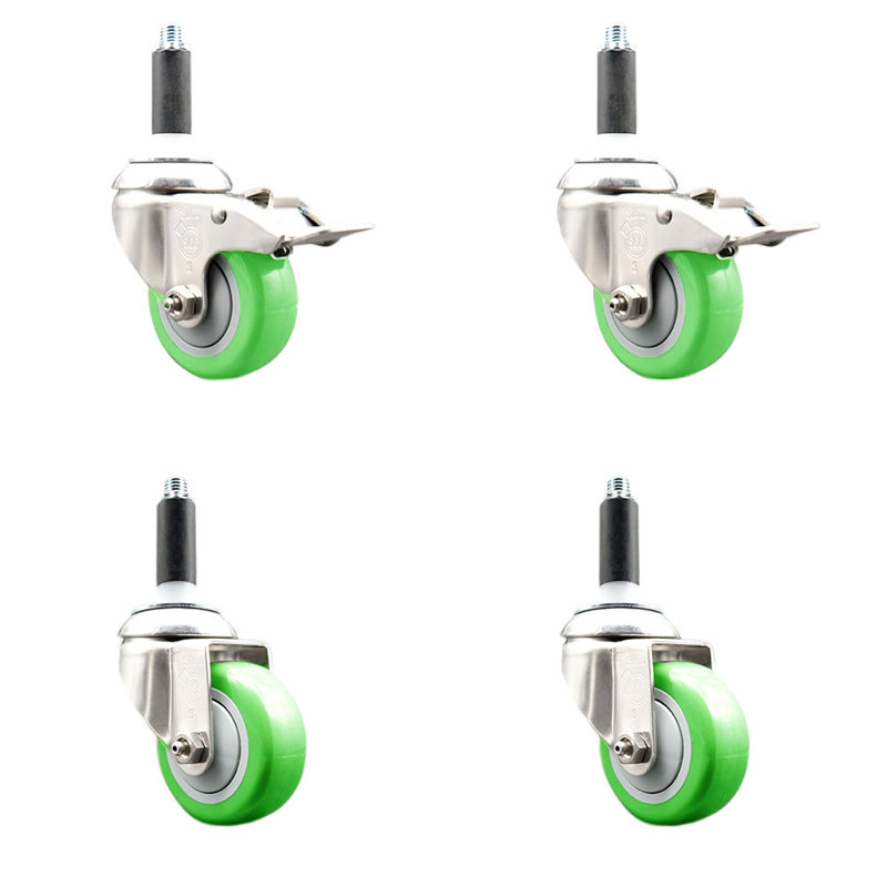 Ensemble de 3 roulettes à tige pivotantes en polyuréthane 3,5 pouces vert 7/8 pouces