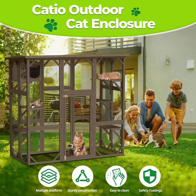 Grand parc extérieur pour chat en bois, enclos, Brun
