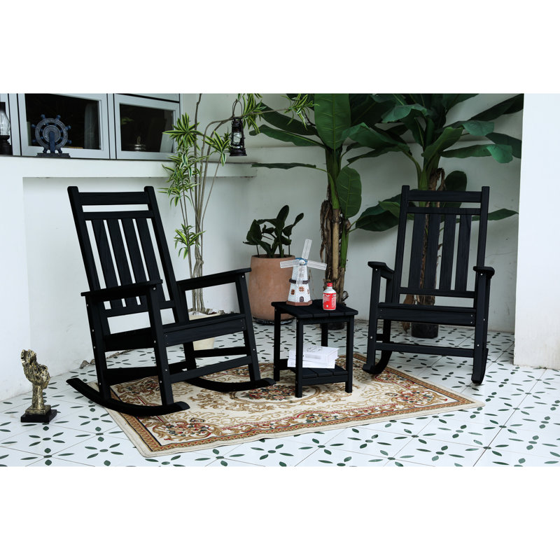 3 Rocking Chair With Side Table For Outdoor Use. Black. Weather- Construction. Ergonomic Added Comfort. Wide And Contoured Seat. Holds Up To 380 Pounds. 32.5"D X 25.9"W 41.7"H. Partial Installation