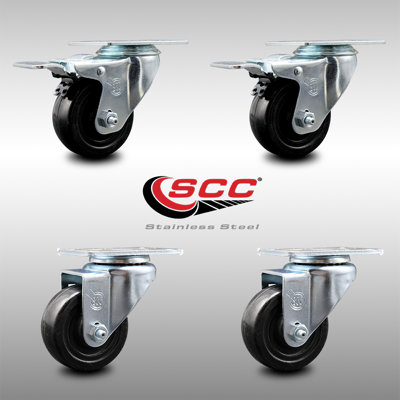 3.5 Inch SS Hard Rubber Wheel Swivel Top Plate Caster Set 2 Total Lock Brake SCC