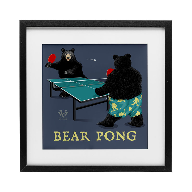 «Bear Pong Animal Humor», reproduction encadrée sous verre, conception de Jim Baldwin, H 13 po x l 13 po, Cadre noir minuit