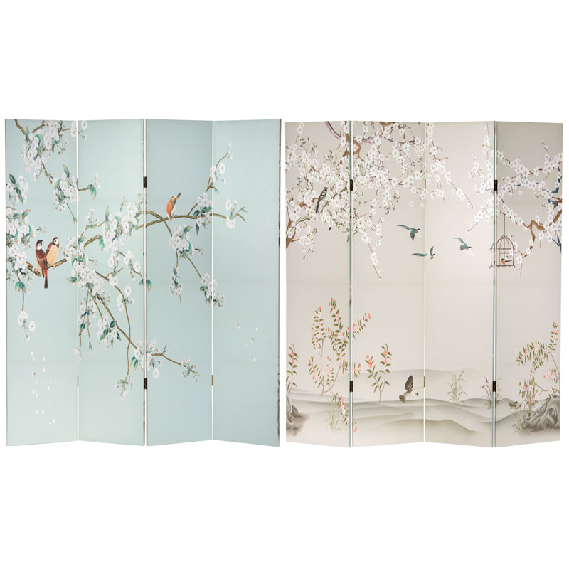 6 Ft. Tall Double Sided Birds And Plum Blossoms Canvas Room Divider, Spring Blossoms