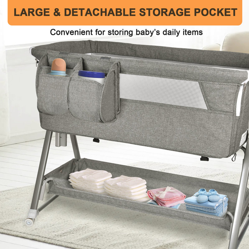 Baby Bassinet And Bedside Sleeper For Baby , 7 Height Adjustable Bedside Bassinet With Wheels, Gray