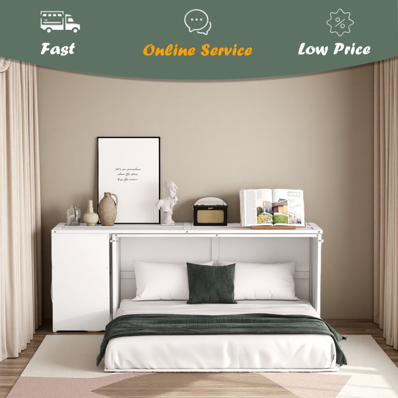 Queen Size Murphy Bed With Rotable Desk, White