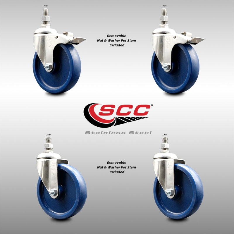 5 Inch 316SS Solid Polyurethane ½ Inch Threaded Stem Caster Set 2 Lock Brake SCC