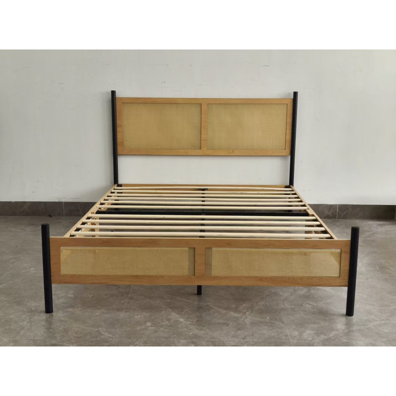76.8"W x 61.0"D x 43.3"H Queen Size Platform Bed Frame with Woven Rattan Headboard, Engineered Wood & Metal Frame with Footboard, Boho Style for Apartment Bedroom, Wood Colour