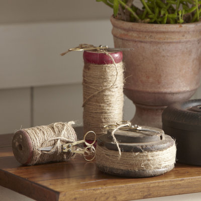  Wooden Spools with Jute Twine and Scissors 6.5" H Vintage Decorative Set, Set of 3