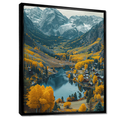 «Yellow Autumn Trees in Swiss Mountain Valley - River Mountain», reproduction d'art murale