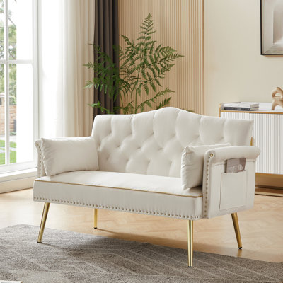 Siège et dossier contemporains blanc crème 2 places, tissu en velours, pieds en métal dorés, pour le salon, la chambre à coucher, un appartement, un loft, facile à assembler