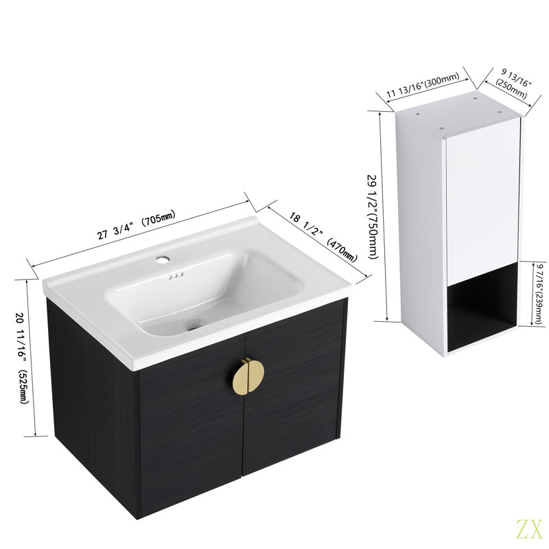 Meuble-lavabo mural de 28 po avec lavabo en céramique et armoire latérale, portes à fermeture douce, armoire de rangement 00212WHK-06328BCT (KD-Packing)